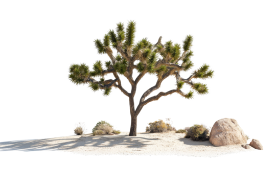 Joshua Tree with Rocks in Desert Landscape under Clear Blue Sky