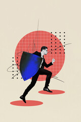 Poster image vertical photo collage of serious man warrior wear formal suit carry steel shield...