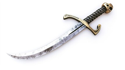 High-quality photo of a pirate’s curved cutlass sword isolated on a white background. A historically accurate, photorealistic depiction of a classic maritime weapon, often associated with swashbuckler