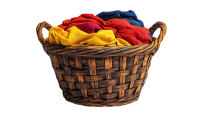Laundry Basket Filled With Colorful Clothes, Isolated Studio Shot