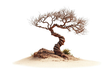 Unique Twisted Tree on Sandy Soil Surrounded by Dried Vegetation