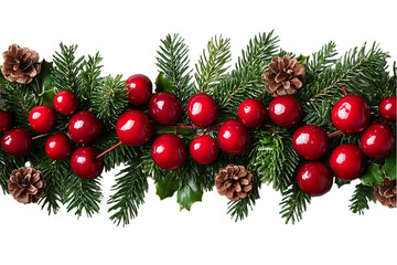 Christmas garland of red berries and pine branches on black background for festive decor