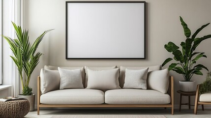 Sophisticated mockup of modern living room with ISO A paper size framed poster The minimalist art neutral tones and contemporary design provide an elegant touch to the living space ambiance