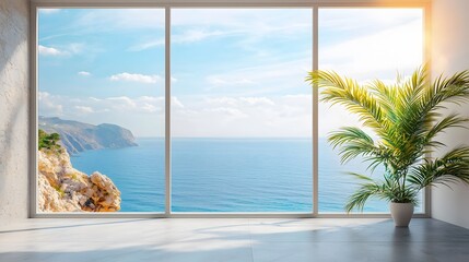 Scenic ocean view from modern interior space coastal residence photography bright environment wide perspective tranquil concept
