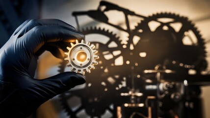 Close-up of black-gloved hand holding glowing metal gear with machine shadow