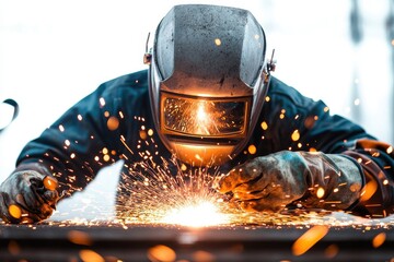 Skilled welder creates sparks during metal fabrication in a workshop, showcasing precision and craftsmanship in industrial settings