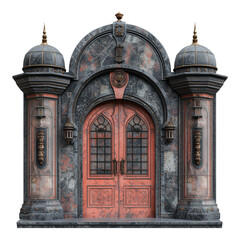 Obraz premium The image portrays a decorative stone portal with a red door, and arched design. This is a depiction of an elegant architectural entrance.