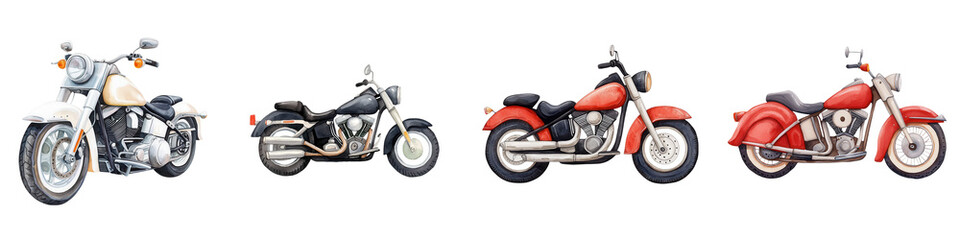 Classic American motorcycles in various styles and colors isolated on transparent background