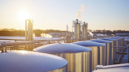 Obraz premium Industrial plant at sunset, snow-covered tanks and pipelines. Modern refinery facility in winter.