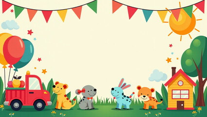 Playful Kids Party Paper Invitation – A fun and colorful invitation design with playful illustrations and vibrant typography on eco-friendly recycled paper, perfect for children’s parties.