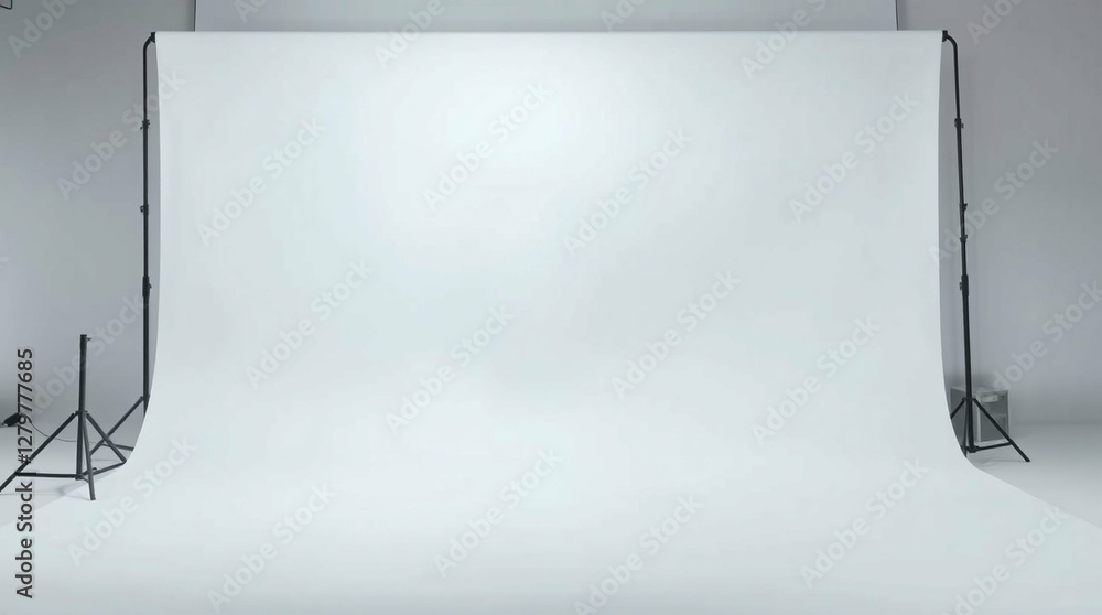 Poster immaculate studio setup showcasing seamless white backdrop with hazy atmosphere