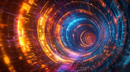 Obraz premium Orange and blue binary code swirling into a fast rotating tunnel effect, creating dynamic light trails. Ideal for representing concepts in cyber security and advanced technology