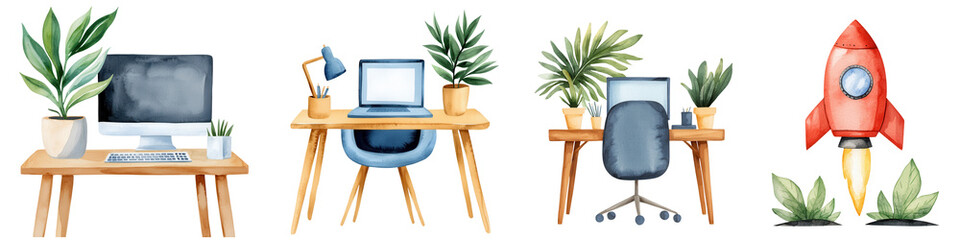 Office scene with plants, desks, and rocket isolated on transparent background