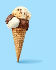 A delicious ice cream cone featuring three scoops of chocolate, vanilla, and a mix of flavors against a light blue background.