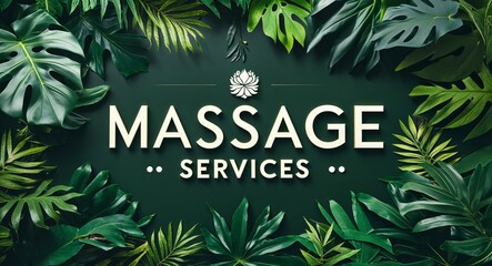 Massage services lettering on jungle leaves background