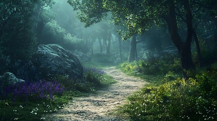 Obraz premium Mysterious forest path enchanted woodland nature scene serene environment ground level view tranquility concept for seo impact