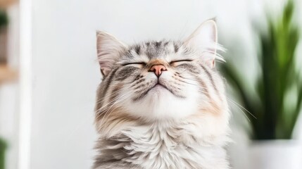 Fototapeta premium A fluffy cat with eyes closed, exuding contentment, sits against a green backdrop, radiating a sense of calm and happiness.