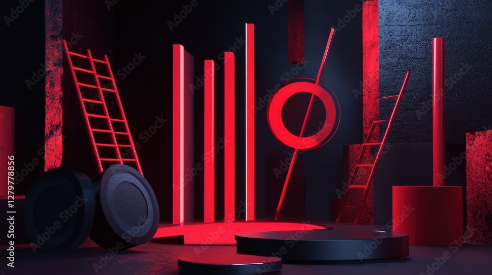 Poster abstract geometric composition with red lighting and varied shapes in a dark environment