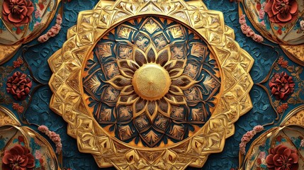 Obraz premium Intricate Golden Ornamental Design With Teal Background And Floral Details