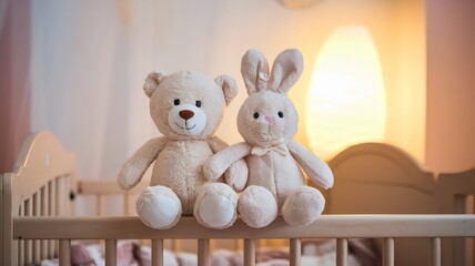 Plush bear and bunny sitting on crib in softly lit nursery