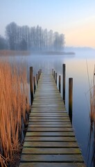 Naklejka premium Misty Morning Lakeside Wooden Dock