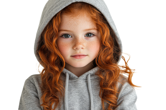 Child with red hair wearing gray hoodie in studio