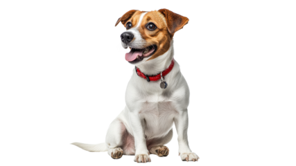 Happy dog with red collar sitting and smiling