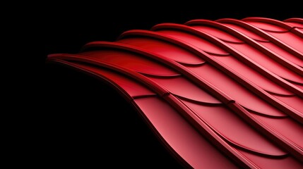 Red metal roofing texture, curved design, dark background, architectural detail