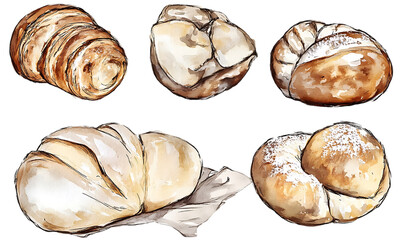 Variety of hand-drawn breads, bakery display, artistic illustration