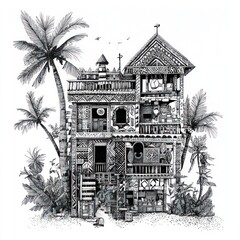 Ornate Tropical House Amongst Lush Palm Trees