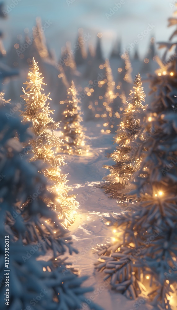 Poster wide-angle view of glowing snow-covered trees illuminated by soft golden hour light, cinematic seren