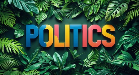 politics lettering on jungle leaves background