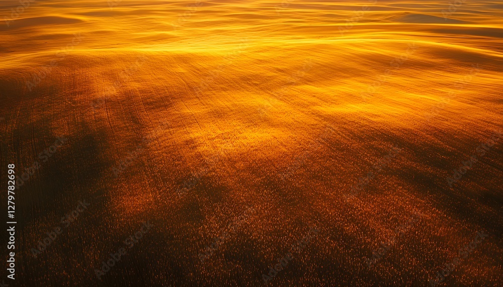 Poster aerial view of glowing golden fields stretching into the horizon, illuminated by soft golden hour li