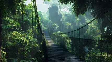 Obraz premium Suspenseful adventure across a jungle suspension bridge lush rainforest nature photography ethereal atmosphere ground level viewpoint