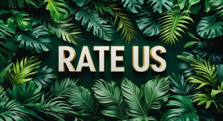 Rate Us lettering on jungle leaves background