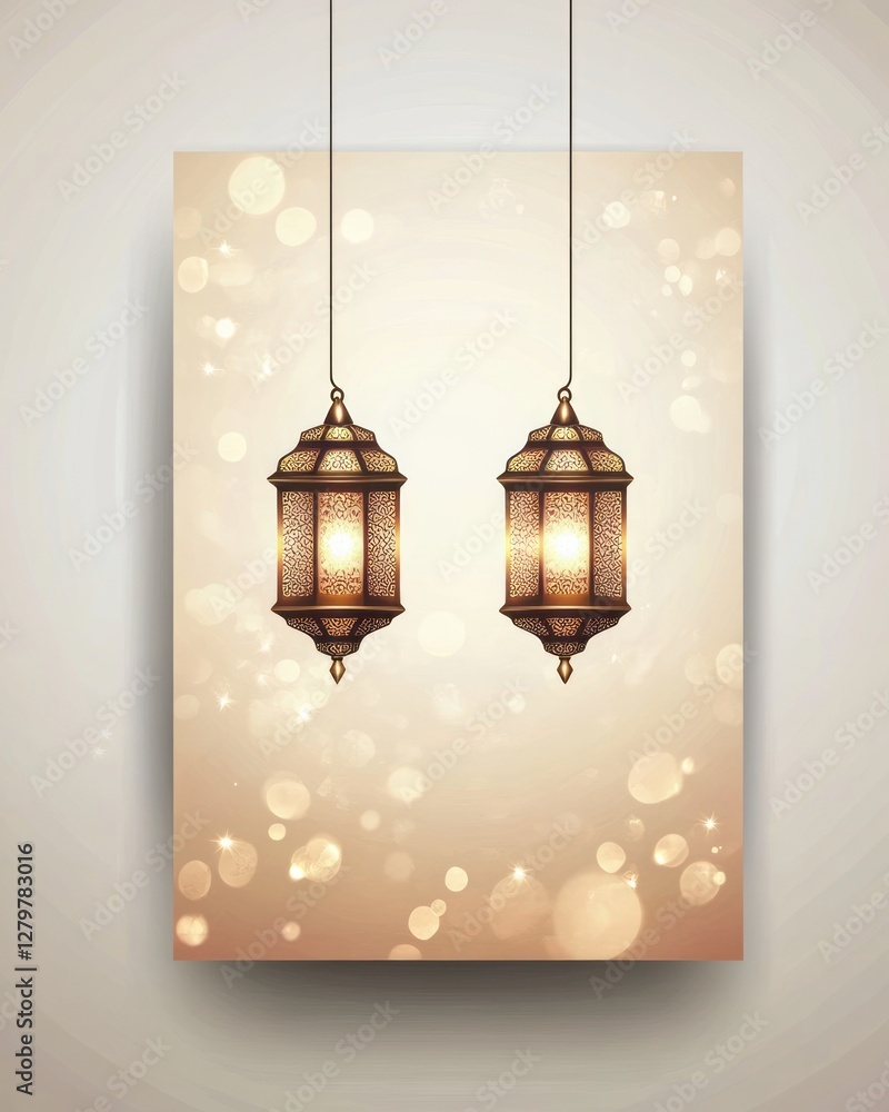 Poster two ornate lanterns hanging against beige backdrop with bokeh effect and warm illumination