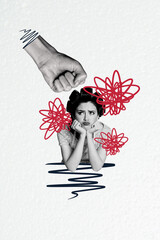 Sketch image trend artwork montage 3D collage of hand fist power young lady bad mood problem victim...