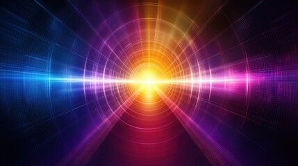 Obraz premium A vibrant, abstract illustration featuring concentric waves of light radiating from a central point, showcasing a spectrum of colors.