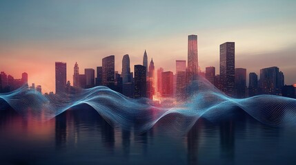 Obraz premium Abstract cityscape with vibrant blue waves over serene water reflecting the skyline at dusk