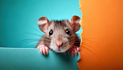Cute mouse peeking through torn paper in vibrant colors with curious expression