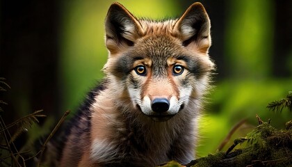 Fototapeta premium Wolf observes its surroundings in a lush green forest habitat during daylight hours