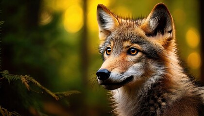 Fototapeta premium Coyote with striking eyes gazes thoughtfully in a forest during golden hour