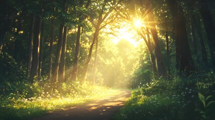 Fototapeta premium Sunlit pathway through lush forest nature scene tranquil environment morning light peaceful concept for relaxation