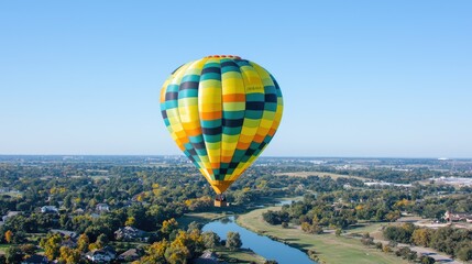 Fototapeta premium Colorful hot air balloon floats high in the clear blue sky over a winding river and green landscape.