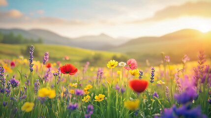 Colorful Wildflower Field at Sunset in a Picturesque Valley