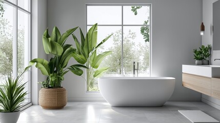Fototapeta premium Serene Minimalist Bathroom Design Featuring Modern Bathtub, Green Plants, and Natural Light Flowing Through Large Windows