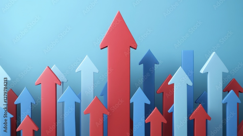 Poster abstract representation of growth with colorful arrows pointing upward against a blue background