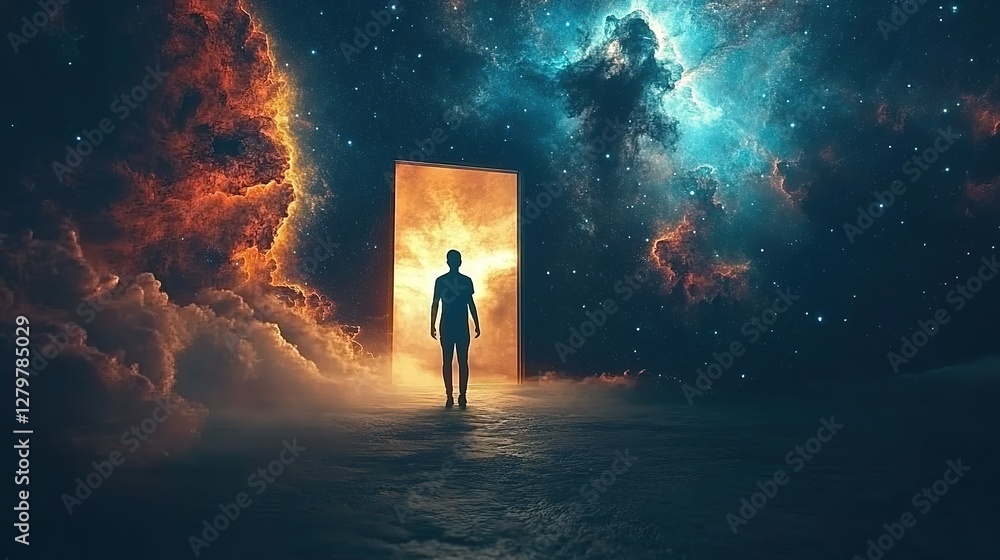 Poster surreal journey through a cosmic doorway outer space digital art nebulae environment wide angle expl