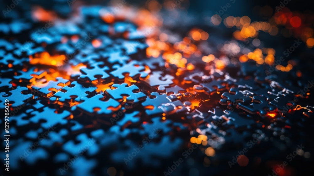 Poster close-up of colorful jigsaw puzzle pieces illuminated by soft light, creating a vibrant pattern