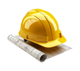 Yellow Hard Hat on Blueprints with Transparent Background